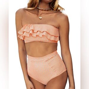 High Waisted Two Piece Bikini Swimsuit Women’s Size M Pinstriped Orange Ruffle